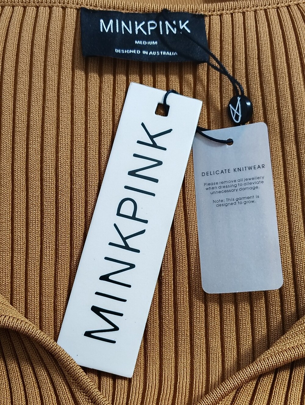 MINKPINK Gianna Ribbed Knit Cutout Top Pecan Long Sleeve M NWT - Picture 5 of 7